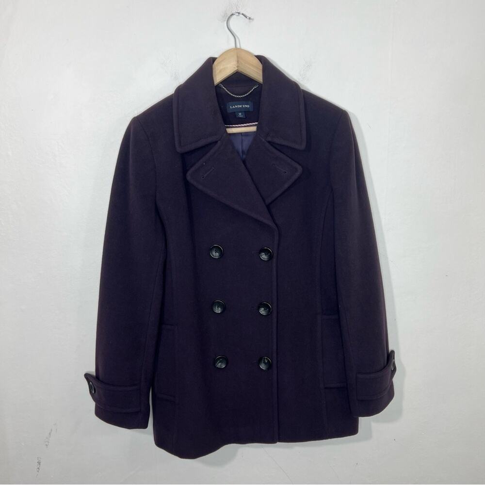 Lands' End Classic Purple Double Breasted Wool Cashmere Pea Coat Size 12